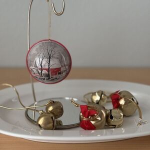 Vtg Courier & Ives Jingle Ball + Gold Tone Bells Christmas Ornaments Mixed‎ Lot